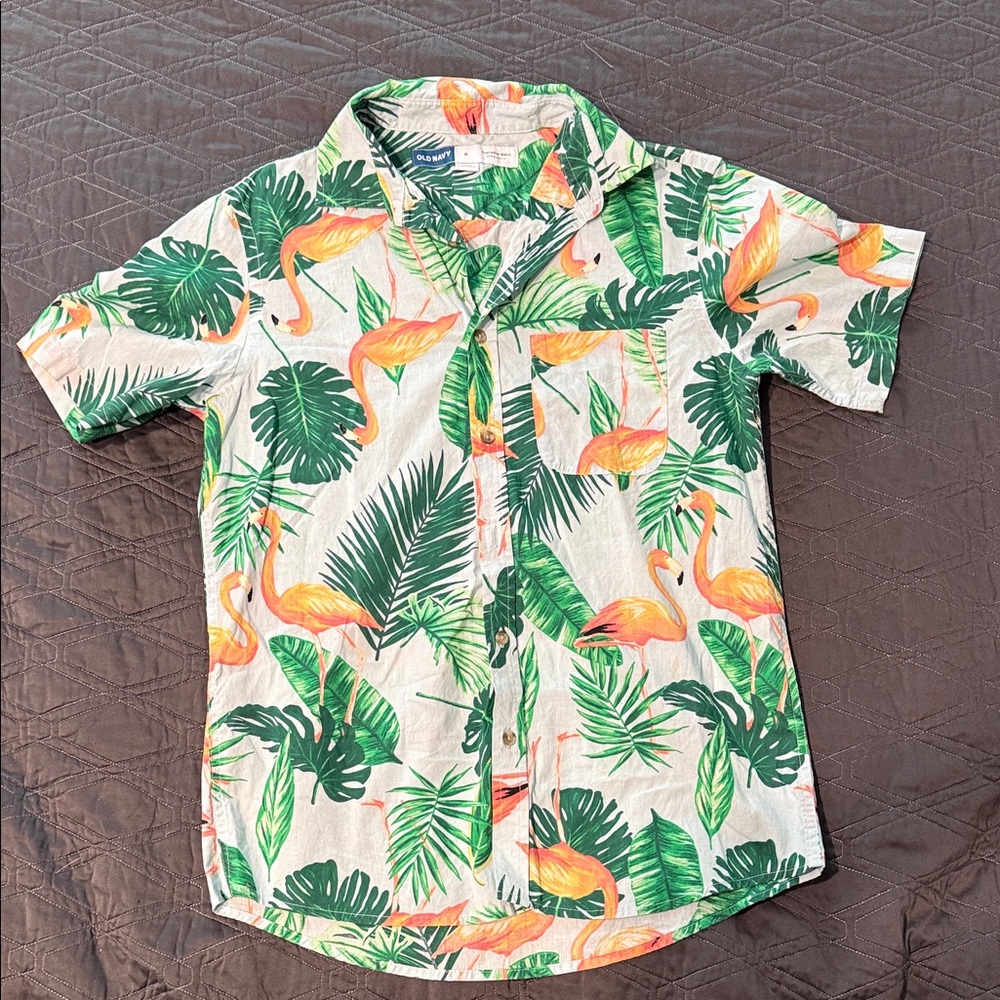 Old Navy Tropical Flamingo Button Down Shirt - Green and Orange
